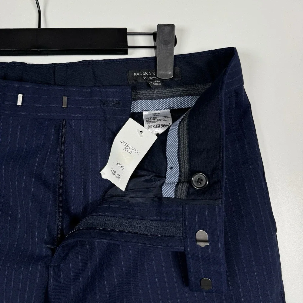 New Banana Republic Navy Pinstripe Standard Fit Performance Wool Pants 30x30
